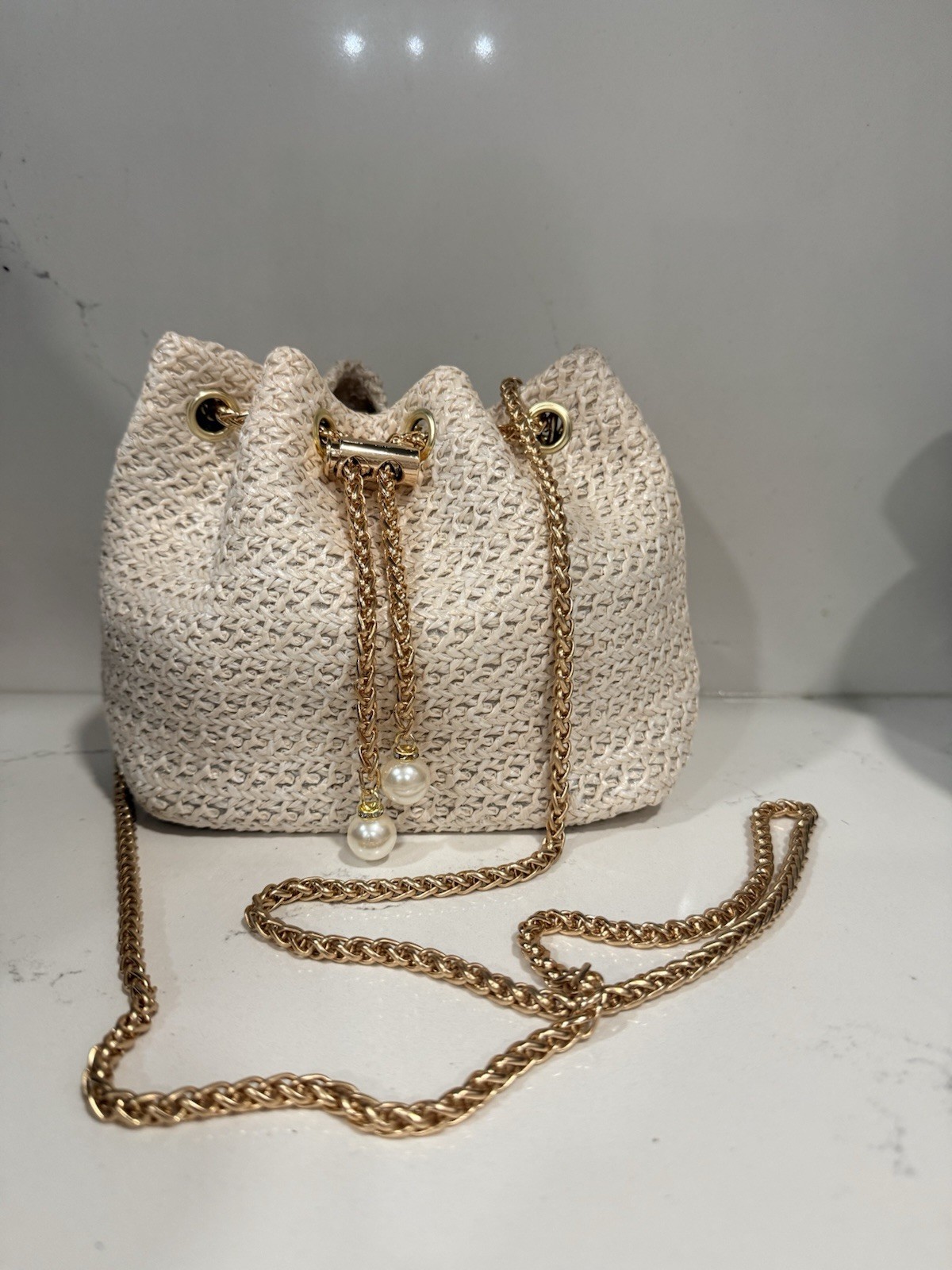 Woven Straw Inspired Bucket & Drawstring Bag with Gold Chain Pearl Accents