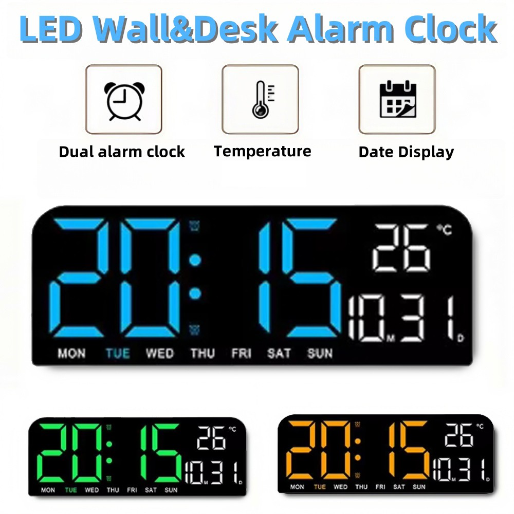 LED Digital Wall Clock Temperature Date Week Display Desk Dual Alarm Clock Gift