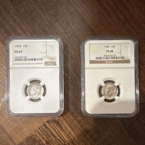 Roosevelt Silver Dimes 1954 PF67 NGC & 1960 PF68 NGC 10C Proof Uncirculated
