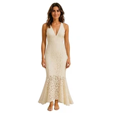 WYLDR Lace Maxi Dress S Women Cream Floral Bodycon Sheer Mermaid Flare Cottage