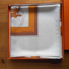 Hermes Silk Scarf 90cm Square White & Orange Unused