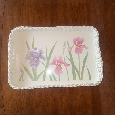 Vtg Large Iris Pink White Design Imports 18  Tray  Plastic Wicker Rattan Germany