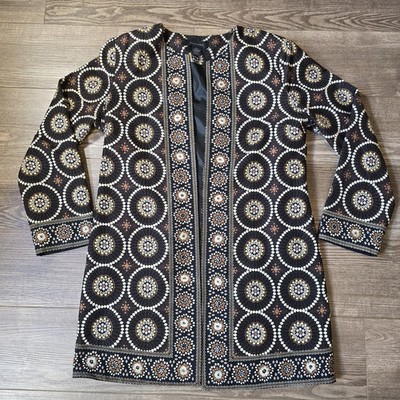 Silkland Jacket Womens L Brown Black Silk Geometric Duster Open Beaded Chic Boho