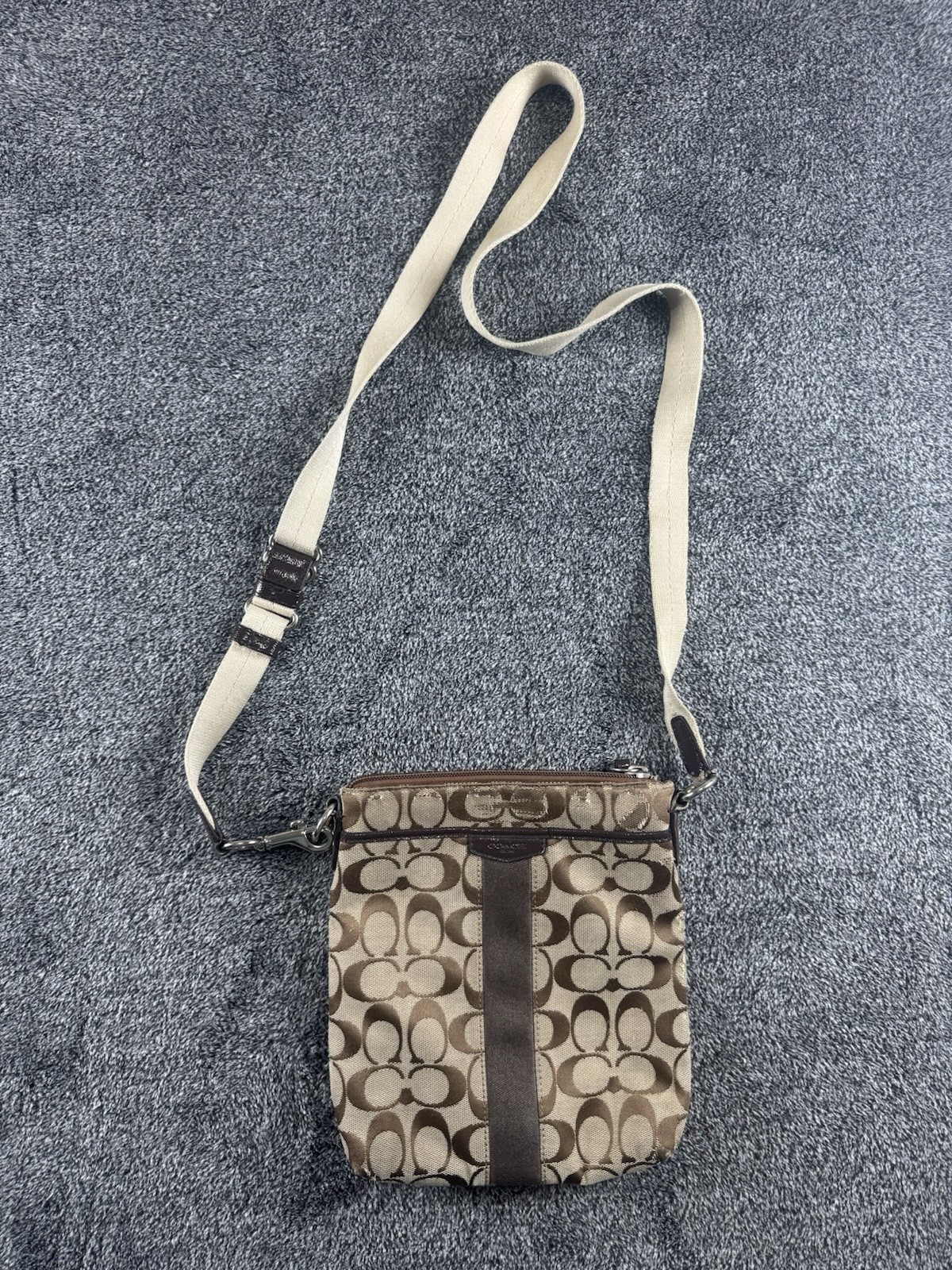 Coach Signature Stripe Swingpack Crossbody Bag Khaki Brown Canvas Leather