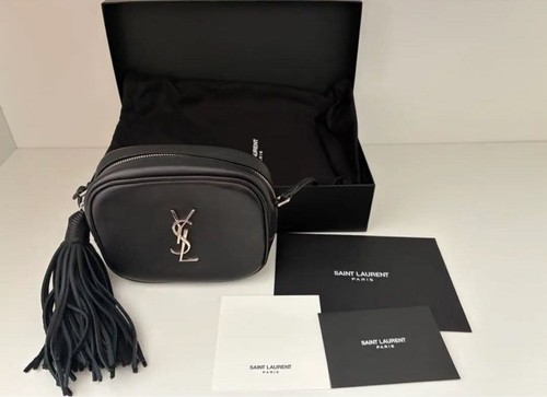 YSL Saint Laurent Camera Bag Crossbody Shoulder Bag Black Leather Tassel Logo