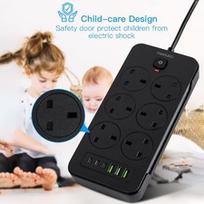 2500W 6 Way Outlets Power Strip Extension Cable Lead with 3 USB 3 USB-C Slots 2m