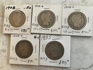 A LOT OF FIVE SILVER BARBER HALF DOLLAR.DATES:1908,1908D,1908O,1908S,1909S