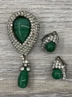 Vintage Costume Jewelry Brooch Earrings Set w. Green Glass & Rhinestones 3" 7/8"