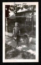 FAMILY DOG w/KID SIDEWALK WIRE FENCE 1941 OLD/VINTAGE PHOTO SNAPSHOT- D220