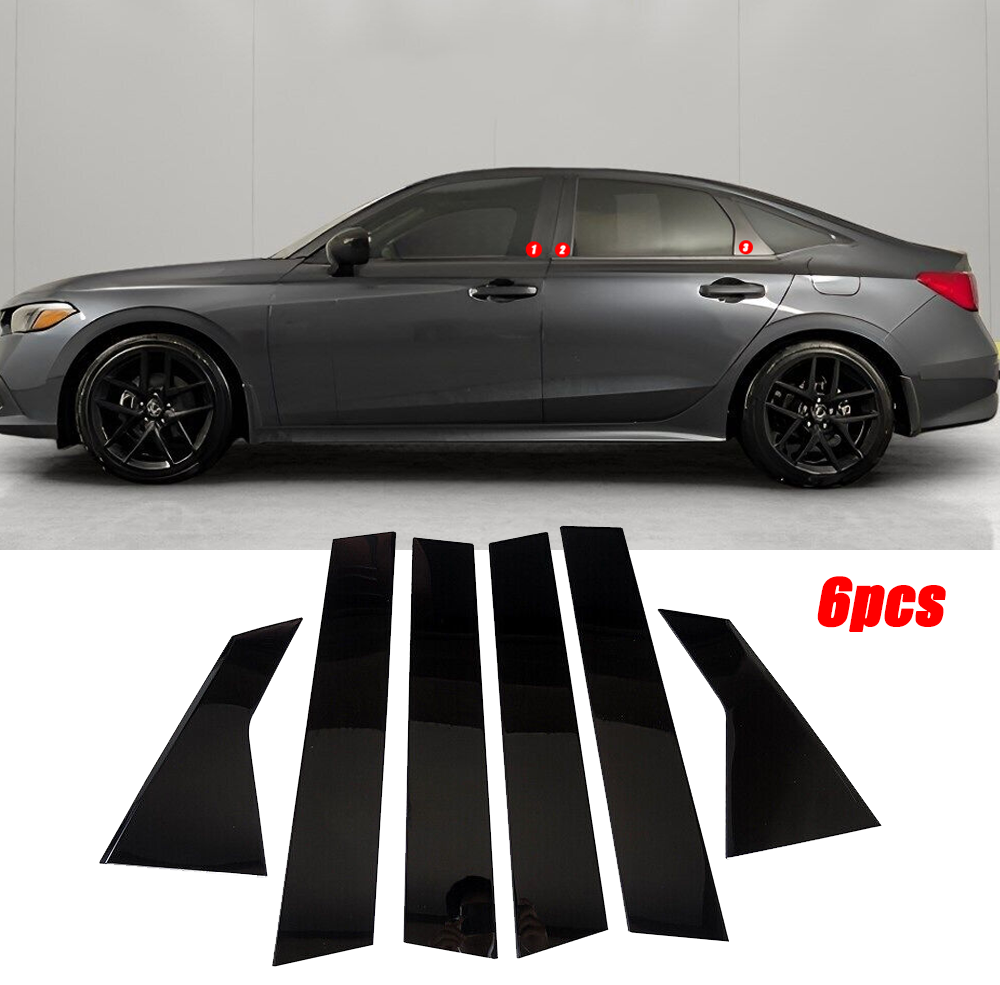 6pcs Glossy Black PC Window BC Pillar Post Cover Trim For Honda Civic 2022-2025