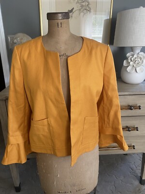 Loft Mustard Yellow / Gold Orange Cotton Bow Sleeve Open Front Blazer - size NWT