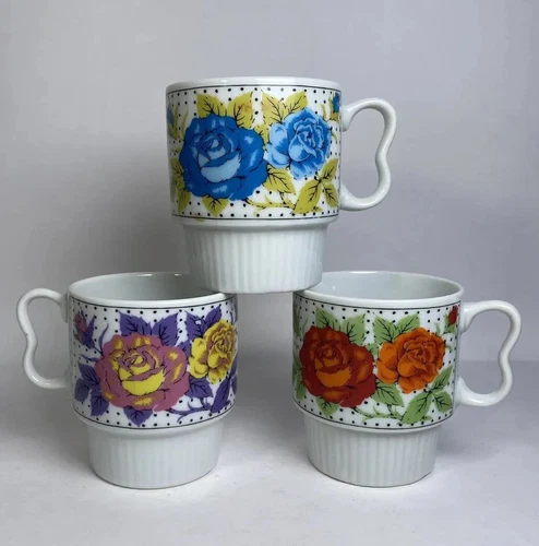 3 ct Vintage SY Japan Coffee Tea Cups Mugs 3.25” Floral Stackable 10 oz Ceramic