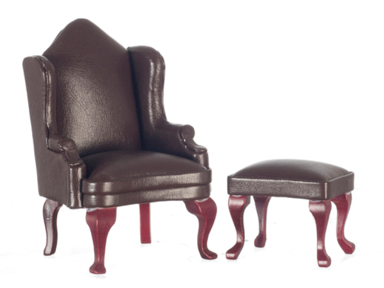 Dolls House Brown Wing Armchair and Footstool Miniature 1:12th Scale WAS £38.99