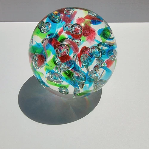 Vintage Murano Hand-Blown Glass Art Paperweight Iridescent Dichroic Flecks 4"x4"