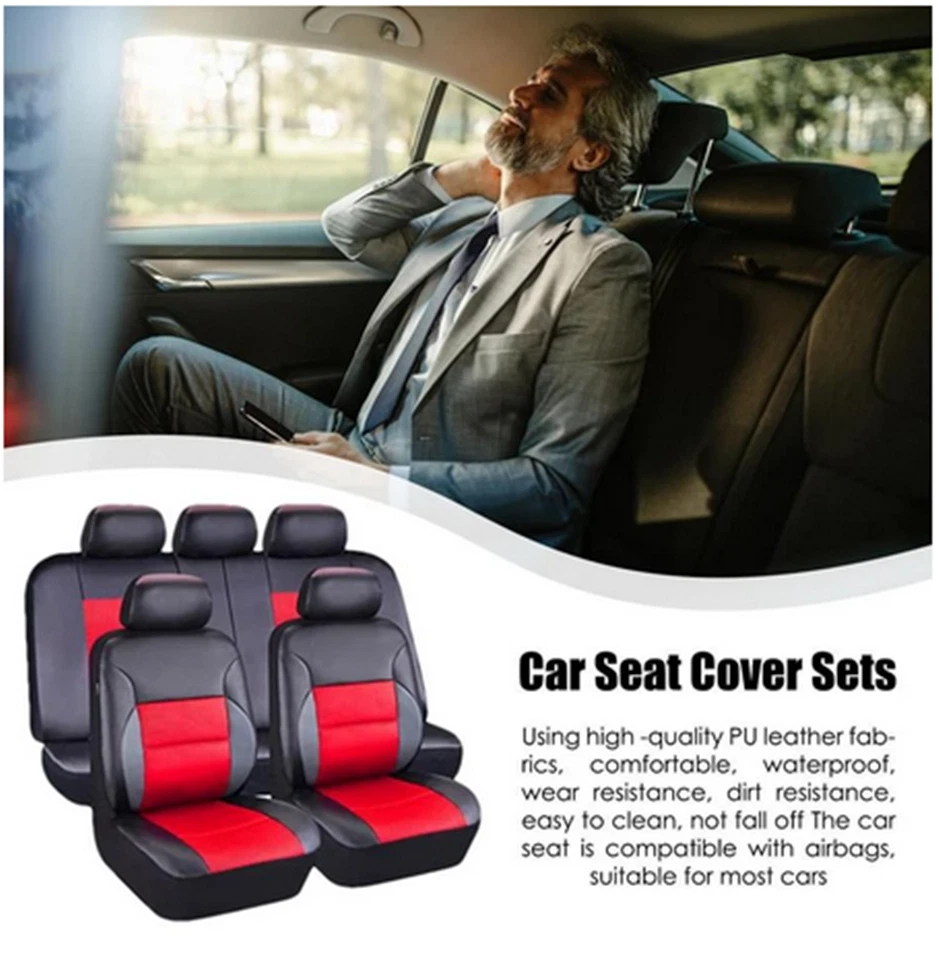 Juego completo de fundas de asiento de coche de cuero PU cojín delantero trasero accesorios interiores 9 piezas Foto 4 de 4