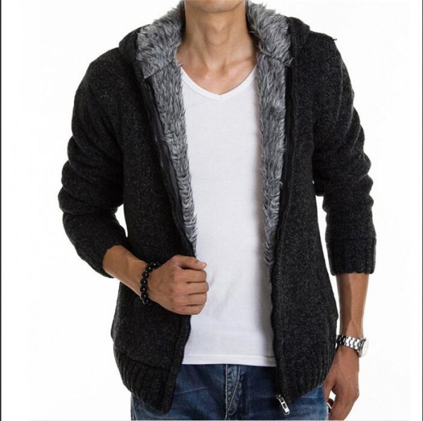 Mens Cardigan Sweater Faux Fur Lined Winter Hoodie Knitted Jacket