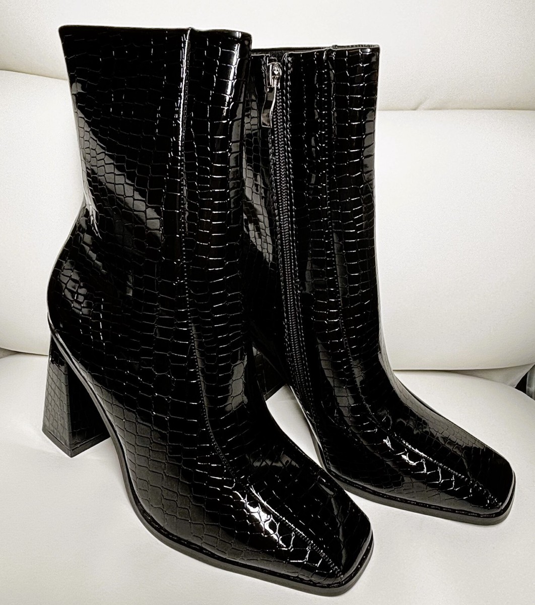 Nasty Gal Black Patent Faux Leather Croc Square Toe Ankle Boot Size