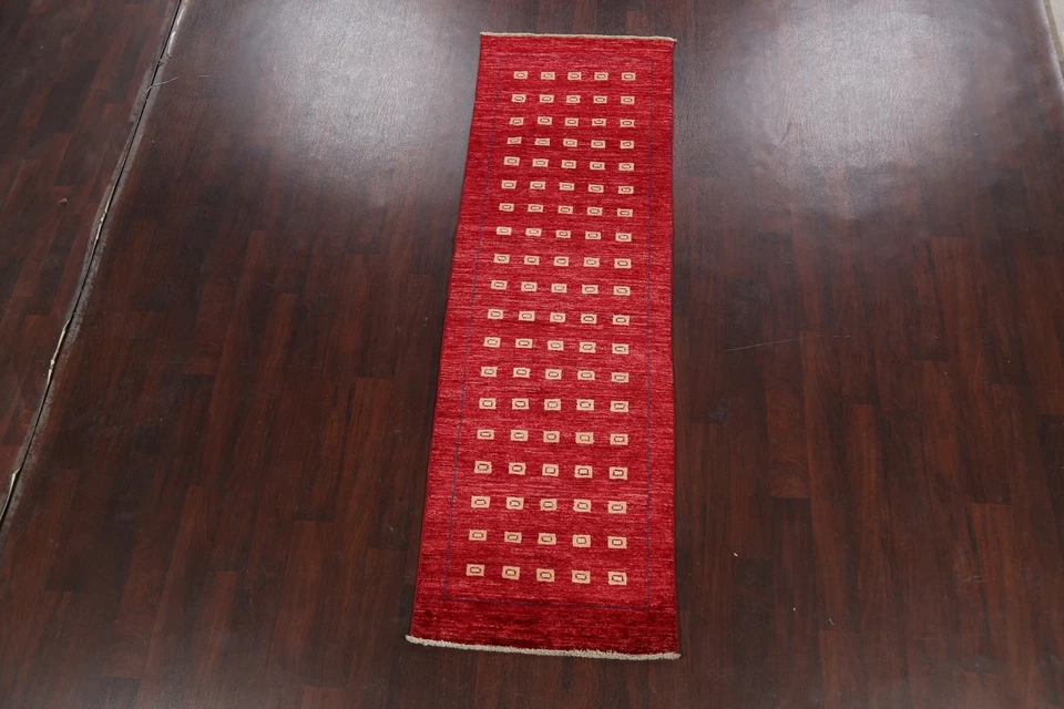 Modern Geometric Gabbeh Oriental Runner Rug Hand-knotted Wool 3x8 ft Red Carpet - Image 2 of 4