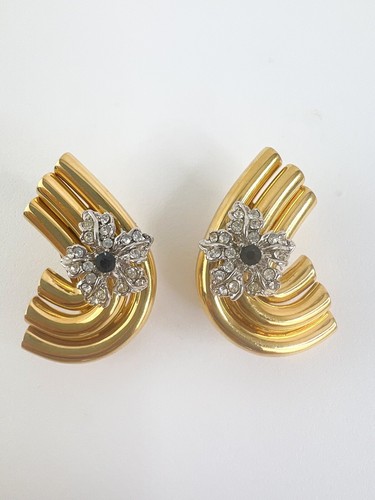BALMAIN  Earrings PARIS GOLD TONE EARRINGS FLOWER RHINESTONES VINTAGE - Picture 9 of 10