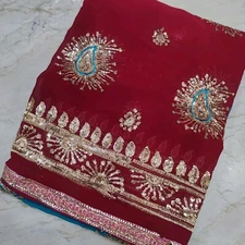 Vintage Indian Dupatta Long Scarf Sequins Hand Embroidery Georgette Veil Stole L