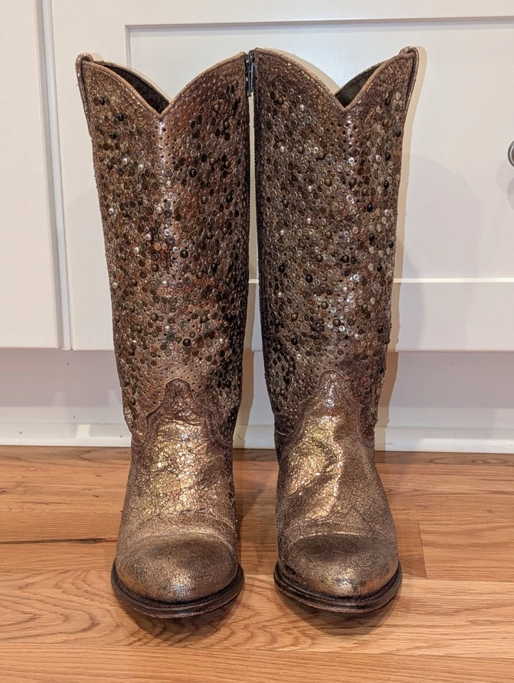 Botas de Vaquero Frye Deborah Tachonadas Altas Dorado Cuero Metálico Para Mujer Talla 8 Foto 3 de 4