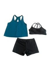 Tempt Me Swim Suit Set 3 Piece Womens Size Large Swim Tops Shorts Black Teal NWT