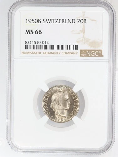 1950-B Switzerland 20 Rappen - NGC MS66