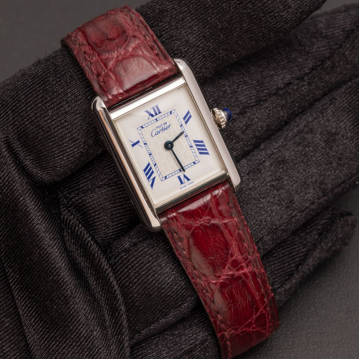 Cartier Watch Tank Must Burgundy Leather 22mm Silver 2416 | eBay