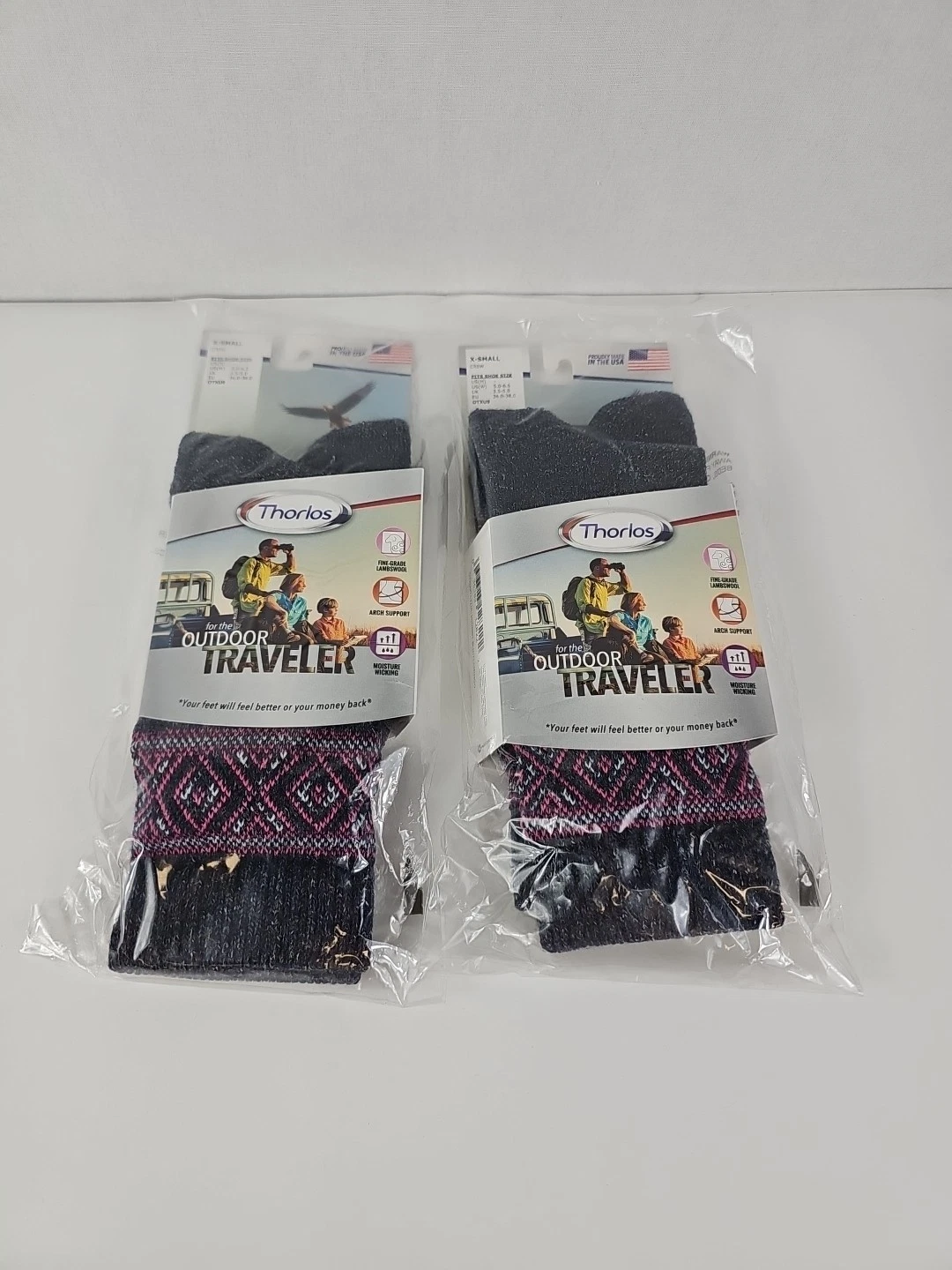 2x Thorlos Womens Outdoor Traveler Crew Socks XS shoe 5-6.5 Midnight Blue/Pink
