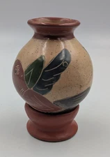 South American Clay Pottery Handmade Hummingbird Flower Design + Base Stand WOW!