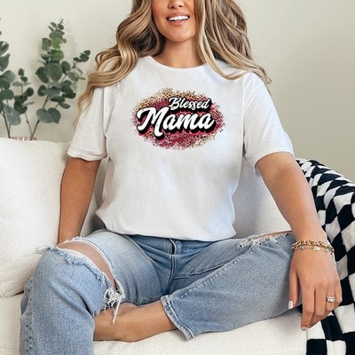 Blessed Mama Damen Ring-Spun T-Shirt Leopardenmuster Mama Geschenk für Sie