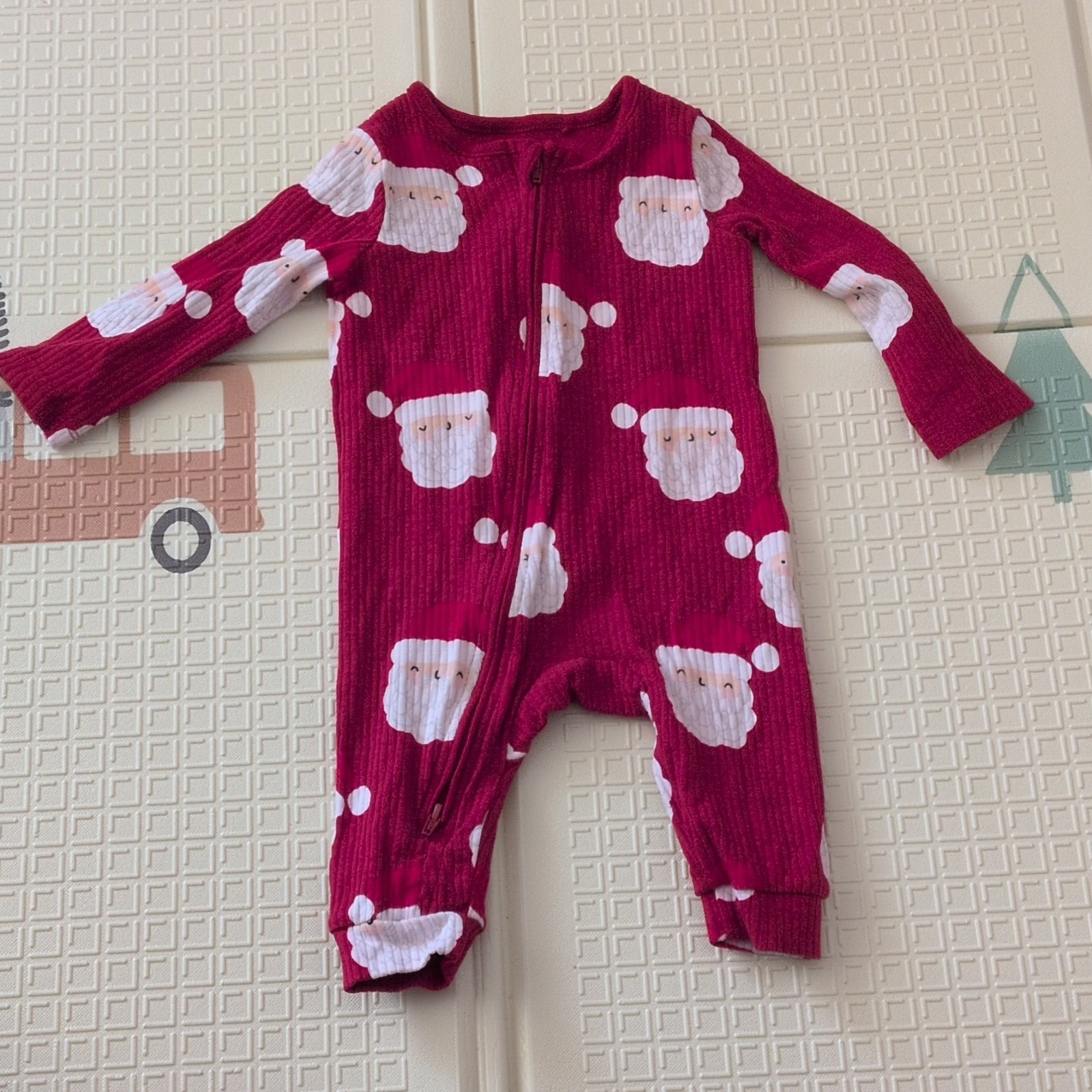 Fred & Flo 3-6M Ribbed Cotton Babygrow Santa Print LS Round Neck Zip Up