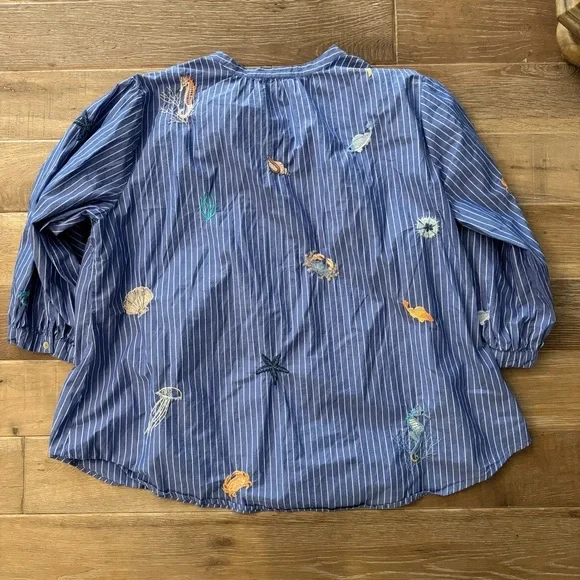 Top Johnny Was Talla Grande 1X Azul Rayas Bordado Costero Foto 3 de 4