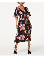 TRIXXI Womens Faux Wrap Midi Dress Black Belted Short Sleeve Party Juniors XS