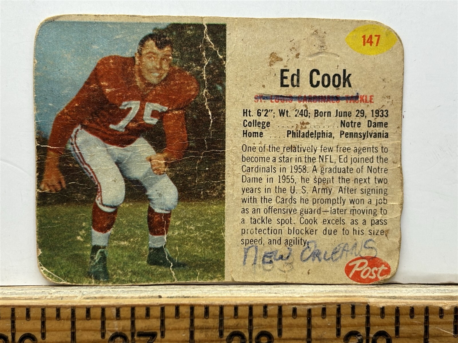 Ed Cook #147 Football Cards 1962 Post Cereal trading card — raw and PSA graded price guide