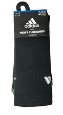 Adidas Aeroready Mens Cushioned Black 3 Stripe Crew Socks NWT Mens Size 6-12 L