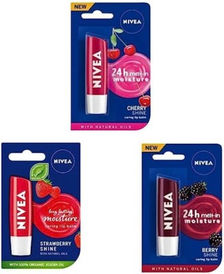 NIVEA combo of 3pcs lip balm (14 Cherry Shine, Strawberry Shine, Berry Shine)