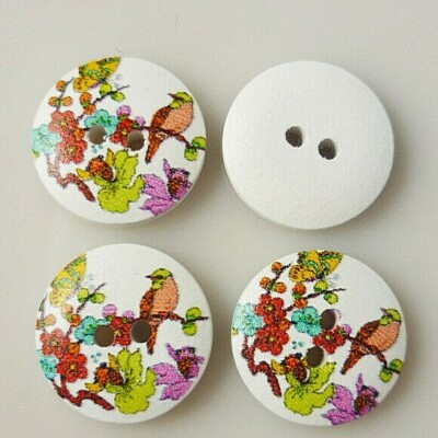 Pkg of 10 BIRD FLOWERS 2-hole White Wood 11/16'' (18mm) Craft Buttons (9058)