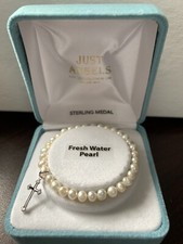 Child's Freshwater Pearl 4mm Stretch Bracelet with Sterling Silver Cross - Gift