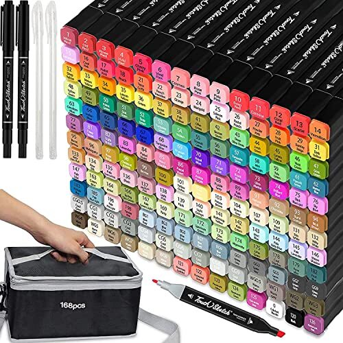168 Colors Dual Tip Alcohol Sketch Markers Set for Kids Adults Artists Painti...