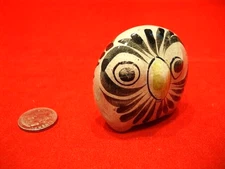 Mexican TONALA Pottery Small Owl Figurine in Slit Gray w/Abstract Designs  1.5"