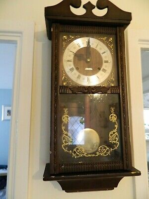 Large Vintage Wooden Wall Clock Mechanical Key Wound Pendulum - Chiming Wall Clocks Key Wound