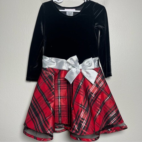Bonnie Jean Girls Dress 5 Angela Plaid Party Holiday Velvet Bow Christmas