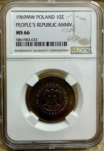 Poland 1969 MW 10 Złotych NGC MS 66 People’s Republic Anniversaries High Grade
