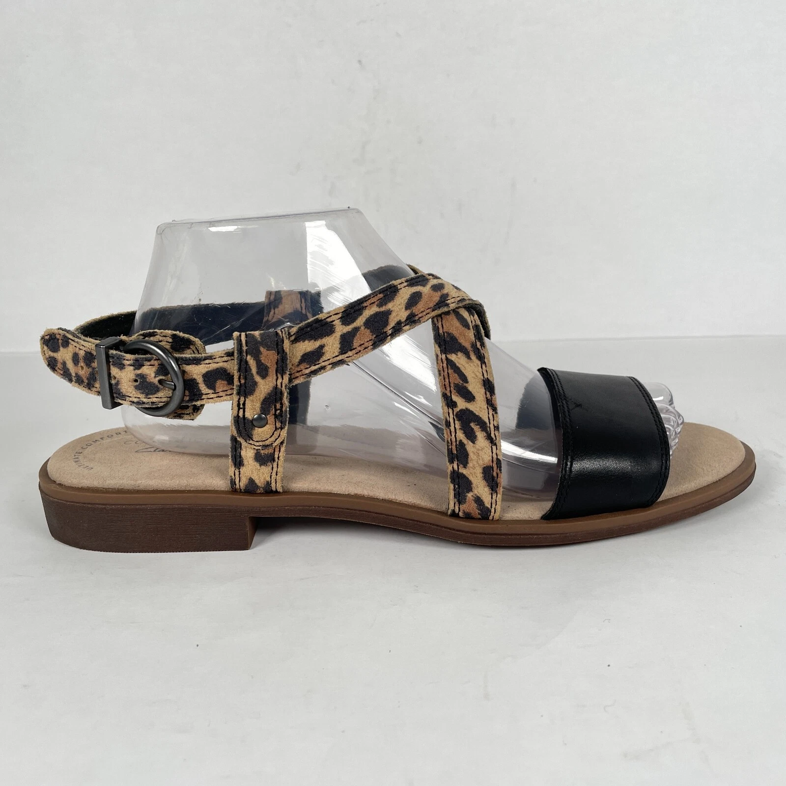 Sandali primaverili Clarks Declan donna taglia 9 5 M neri pelle scamosciata scarpe leopardate