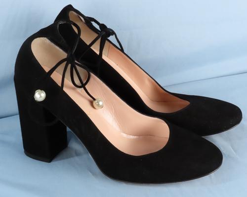 KATE SPADE NY Black Suede Leather GENA PEARL TIE PUMPS High Heels Shoes SZ 7 M - Picture 3 of 9