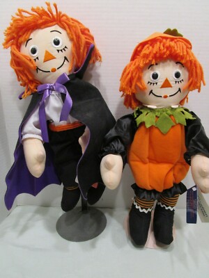 NEW 2001 Raggedy ANN Pumpkin & ANDY Vampire Dracula Costume 15'' Dolls Applause