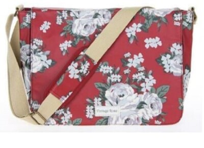 Umhängetasche Damen Vintage Rose mit cremefarbenem Schulterriemen, Blumenmuster rot burgund