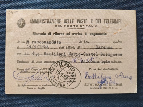 RICEVUTA DI RITORNO RACCOMANDATA POSTE E TELEGRAFI mod 23i 1934 USATA NEL 1958 - 第 2/2 張圖片