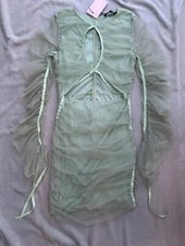 Image of Missguided Mesh Ruched Long Sleeve Mini Dress olive green  Uk 12